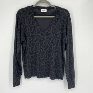 LNA Animal Print Cut Out Frill Hem Long Sleeve Pullover Sweater Black Women's XS